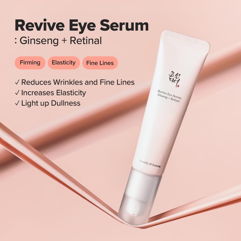 Best Dark Eye Bags Cream in 2026: Real Fix for Puff & Shadows A pink tube of eye serum with Korean text stands upright in front of a creamy yellow smear, against a white background. The label reads Beauty of Joseon Revive Eye Serum, formulated to target dark eye bags creams.