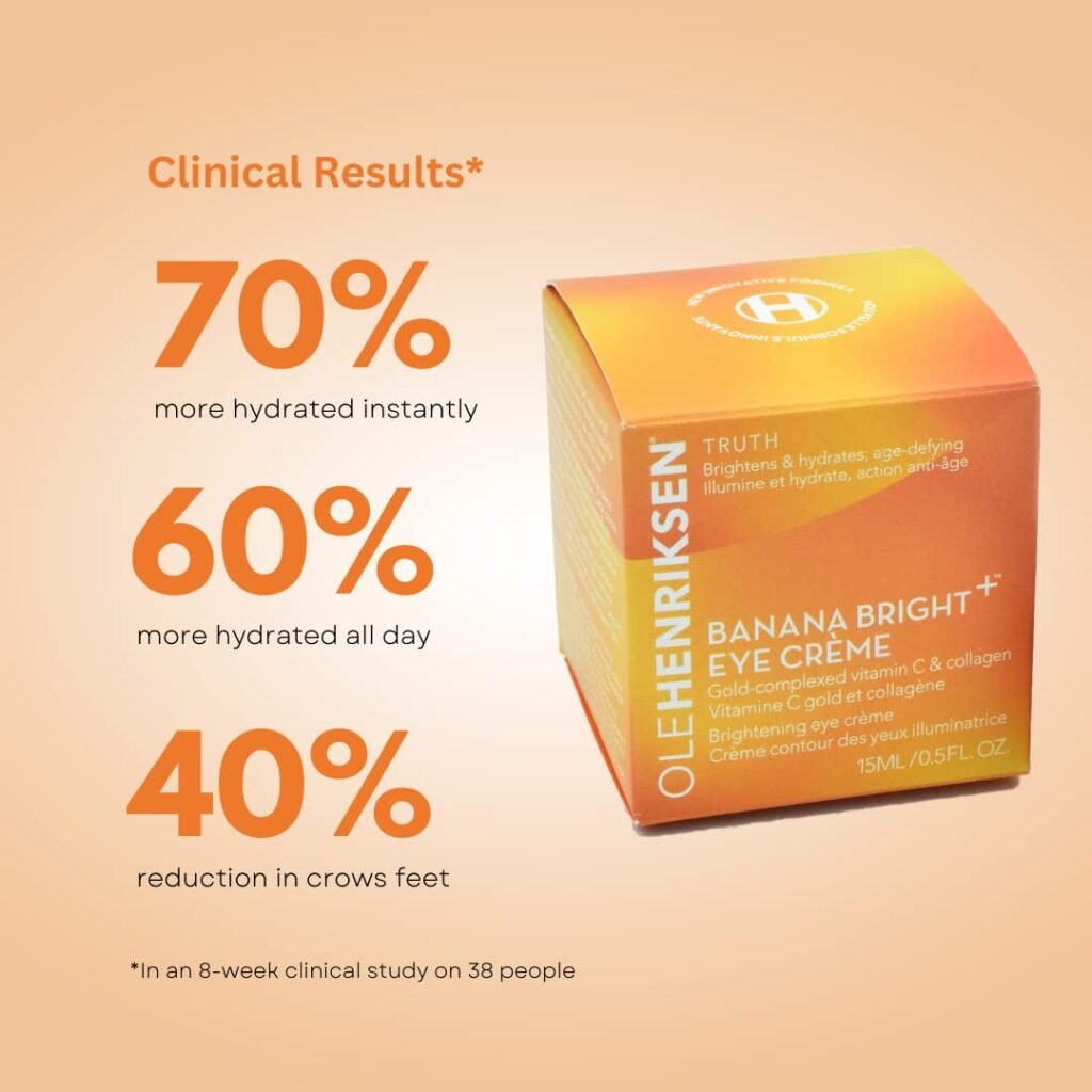 An orange jar of OLEHENRIKSEN Truth Banana Bright+ Eye Crème with a white lid, formulated with gold-complexed vitamin C and collagen to target under eye circles causes.