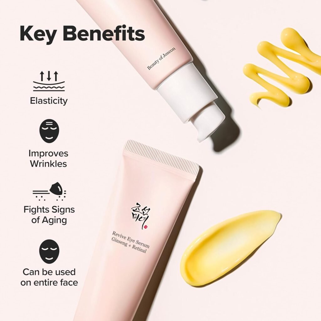 The Deep Dive into What Causes Dark Under Eye Circles? A pink tube of eye serum with Korean text stands upright in front of a creamy yellow smear, against a white background. The label reads Beauty of Joseon Revive Eye Serum, formulated to target what causes dark under eye circles.