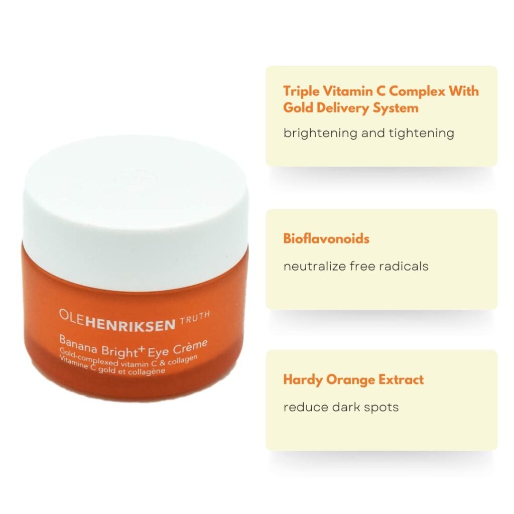 The Deep Dive into What Causes Dark Under Eye Circles? An orange jar of OLEHENRIKSEN Truth Banana Bright+ Eye Crème with a white lid, formulated with gold-complexed vitamin C and collagen to target what causes dark under eye circles.
