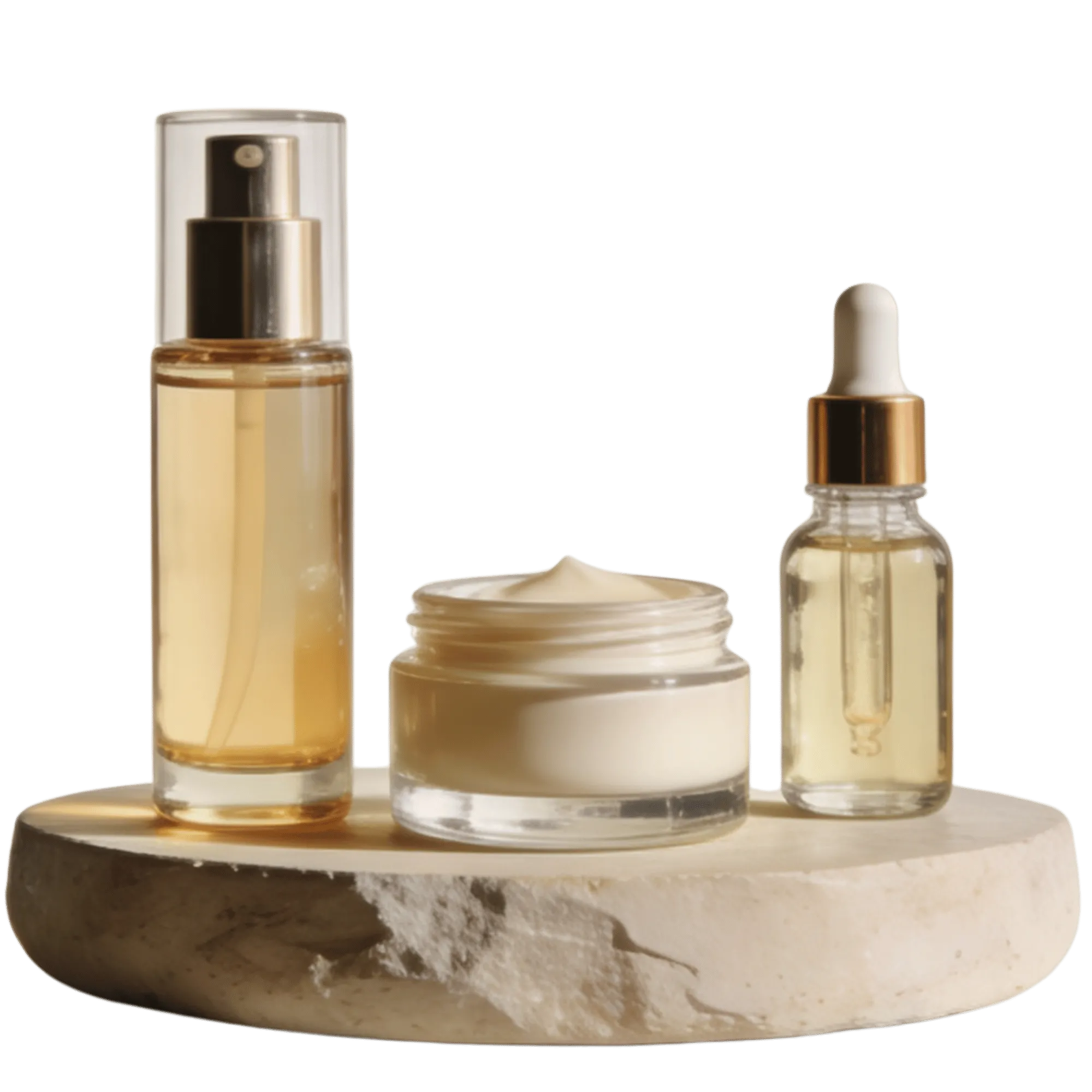 Luxury skincare serums and cream products on stone pedestal
